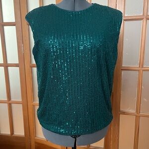 Green Sequin Sleeveless Top with Shoulder Pads